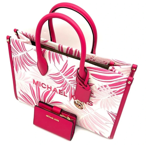 Michael Kors Medium Mirella Tote Bag & Medium Bifold Zip Chain Wallet Pink Multi - Picture 11 of 14